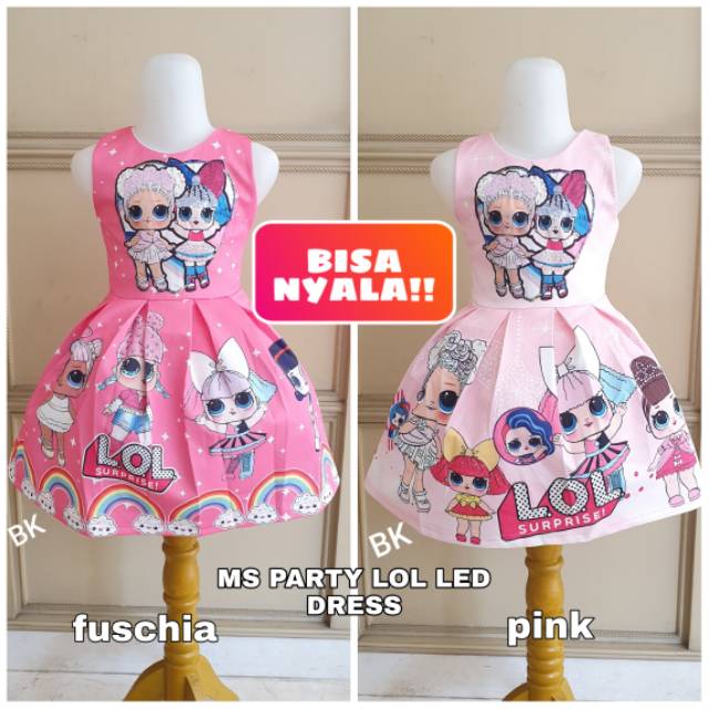 DRESS LOL LED NYALA LAMPU ANAK IMPORT PINK LUCU / GAUN PESTA ULANG TAHUN ANAK