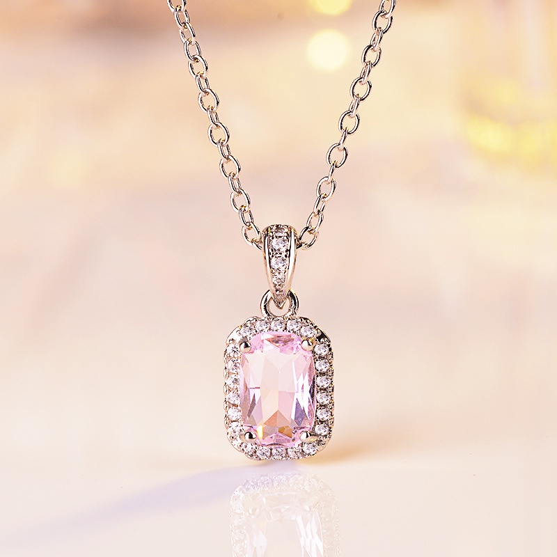 [Ready Stock]Fashion Square Princess Diamond Pendant Color Gemstone Necklace