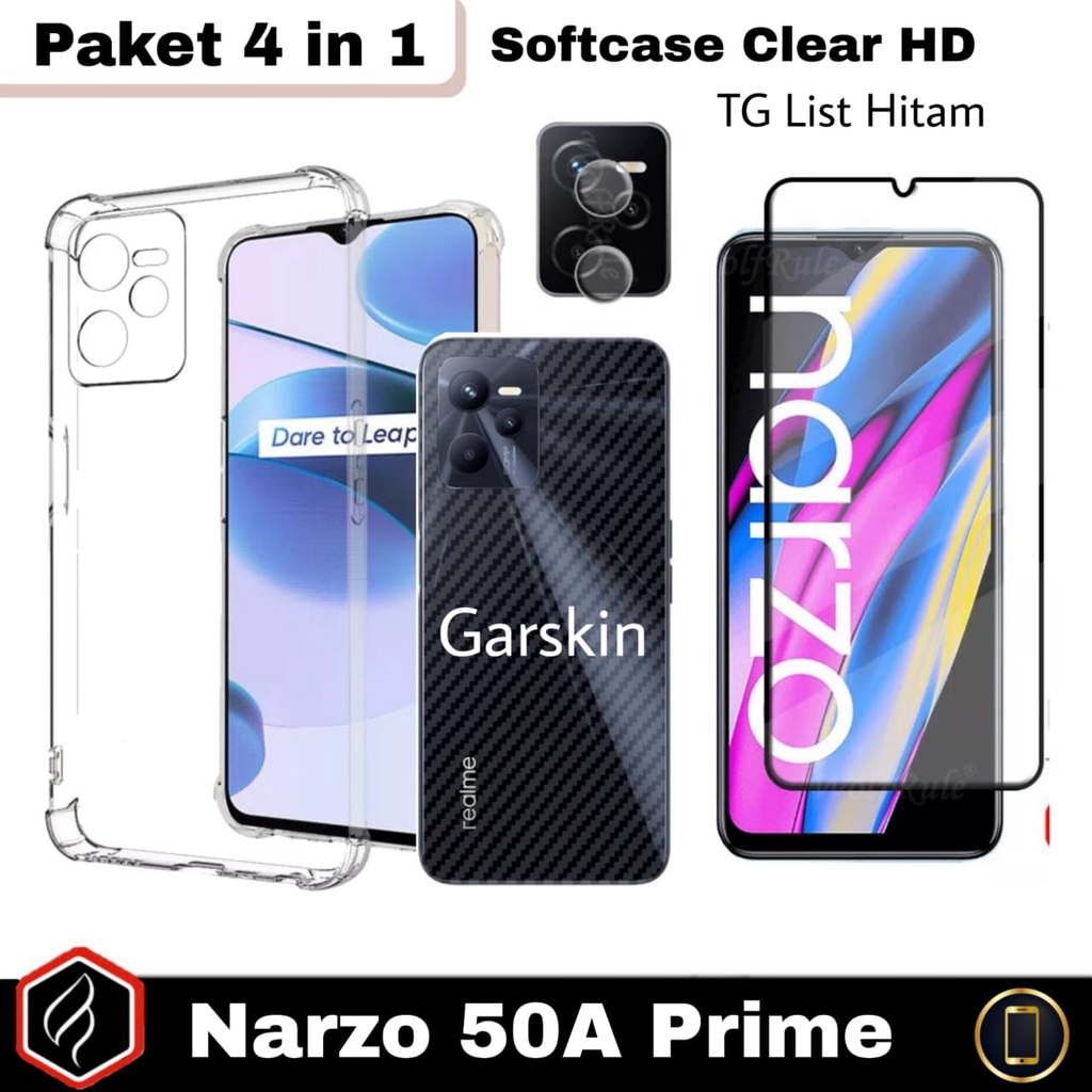 Paket 4 in 1 Case Realme Narzo 50A Prime / Realme C35 Case Clear HD &amp; Anti Gores Layar Free Tempered Glass Camera &amp; Skin Carbon For Realme