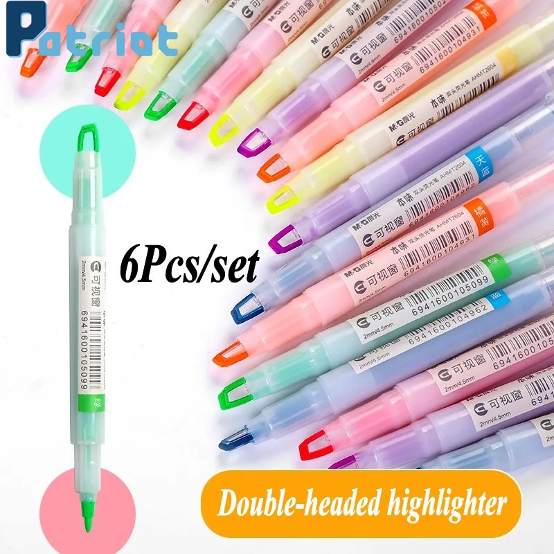 6Pcs/set Double-headed Fluorescent Highlight Pens / Dual Tip Markers Pens for Students Painting Art Drawing Doodling Marking Stationery