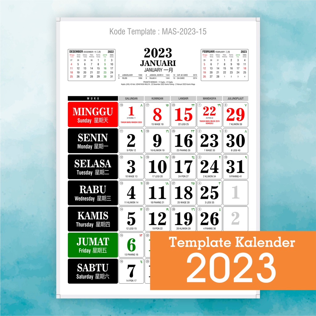 Jual Desain Kalender 2023, lengkap dengan kalender jawa, hijriyah 1444