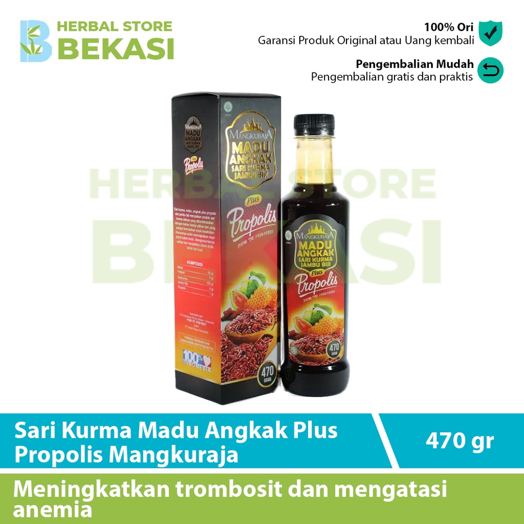 

Sari Kurma Madu Angkak Plus Propolis Dan Daun Ubi Jalar Mangkuraja 470 Gr Asli Original BPOM Membantu Meningkatkan Trombosit Dan Mengatasi Anemia