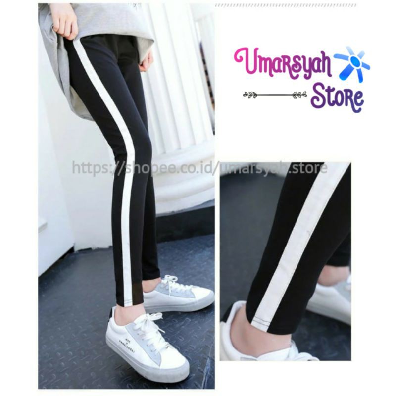 [Ukrn S-Jumbo] Celana  Legging List Strip Putih / Wanita Korea Legging / Celana Legging Sport Wanita