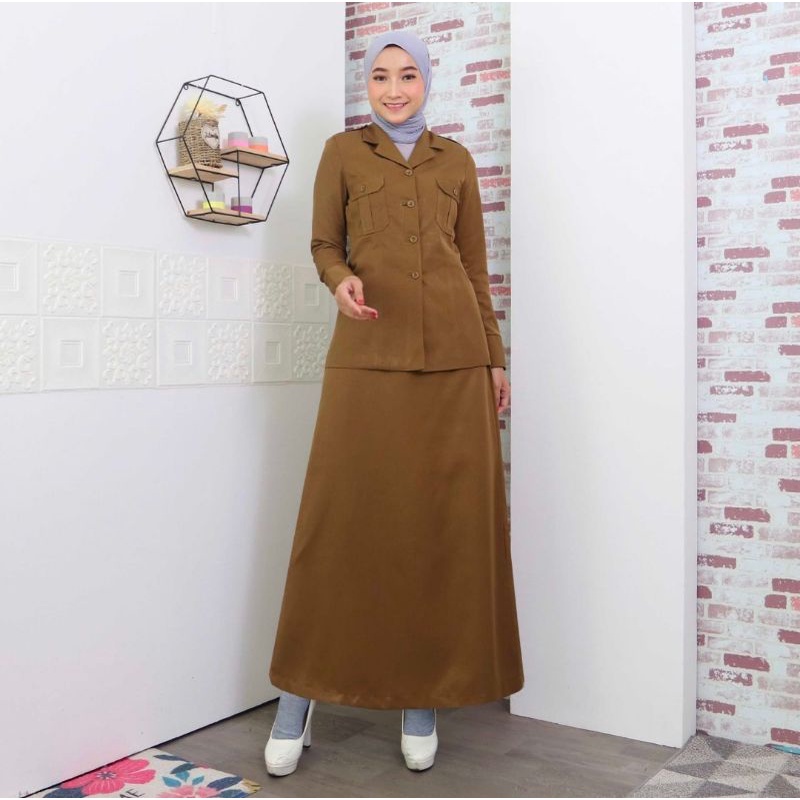 BAJU PEMDA SERAGAM DINAS PEMDA BAJU PNS DAN ASN FREE HIJAB  WARNA KHAKY COKLAT KANTONG ATAS ROK A