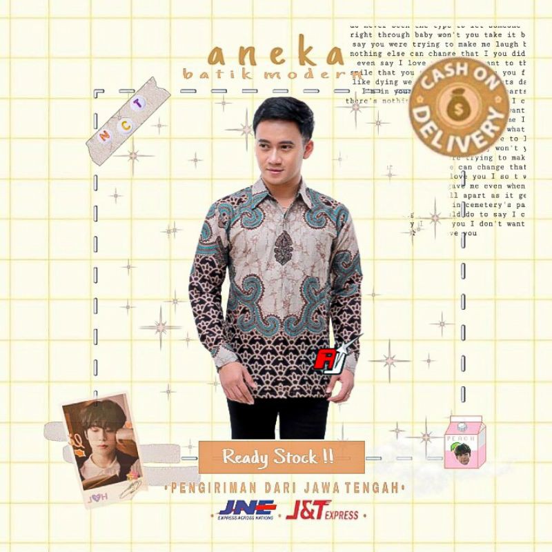 KEMEJA HEM ATASAN BATIK PRIA COWOK LENGAN PANJANG WARNA KOMBINASI HIJAU MUDA TISCA COKLAT CREM