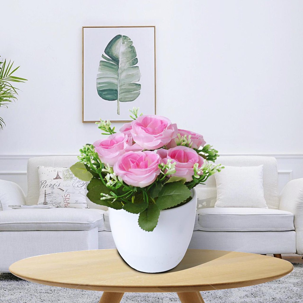 AM812 Bunga Plastik / Pajangan Bunga Artificial / Vas Bulat-Pink