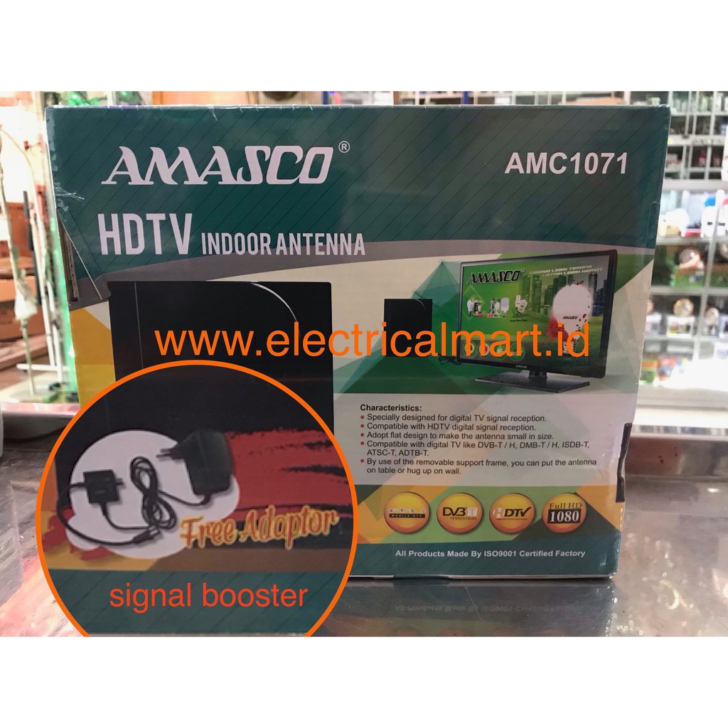 Antena TV Indoor Digital TV AMC1071 AMC002DG Digital Amasco / Anten TV + CHIP Booster Signal HDTV Kabel 10M