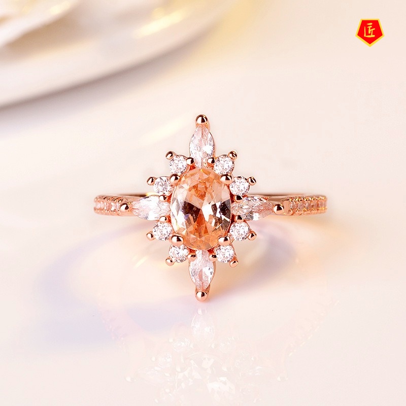 [Ready Stock]Fashion Elegant Champagne Diamond-Studded Ring Creative 18K Rose Gold