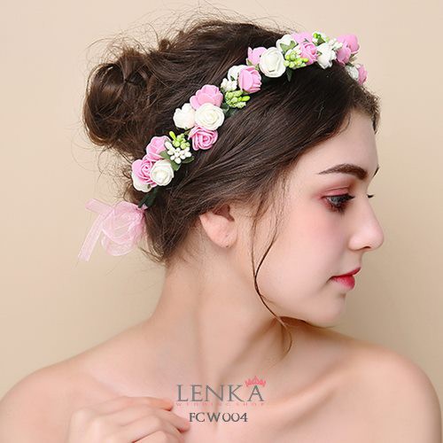 (BISA GOSEND) FLOWER CROWN PESTA WEDDING PINK WHITE BANDO BUNGA ANAK FCW004