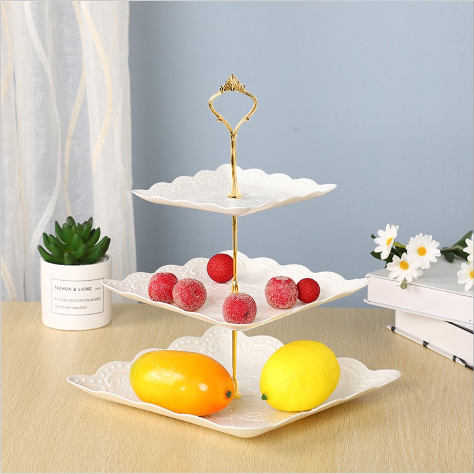 Three Tier Dessert Tray / Rak Tempat Kue 3 Tingkat Piring Saji Segi Bulat Cupcake Buah Cookies