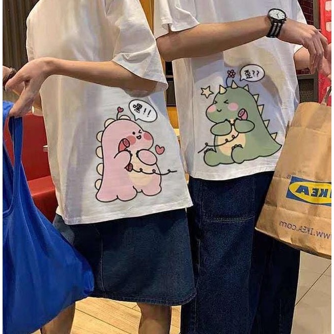 MYSTIQUE.ID-BAJU KAOS COUPLE DINO PINK&amp;GREEN T-SHIRT LUCU DAN AESTHETIC