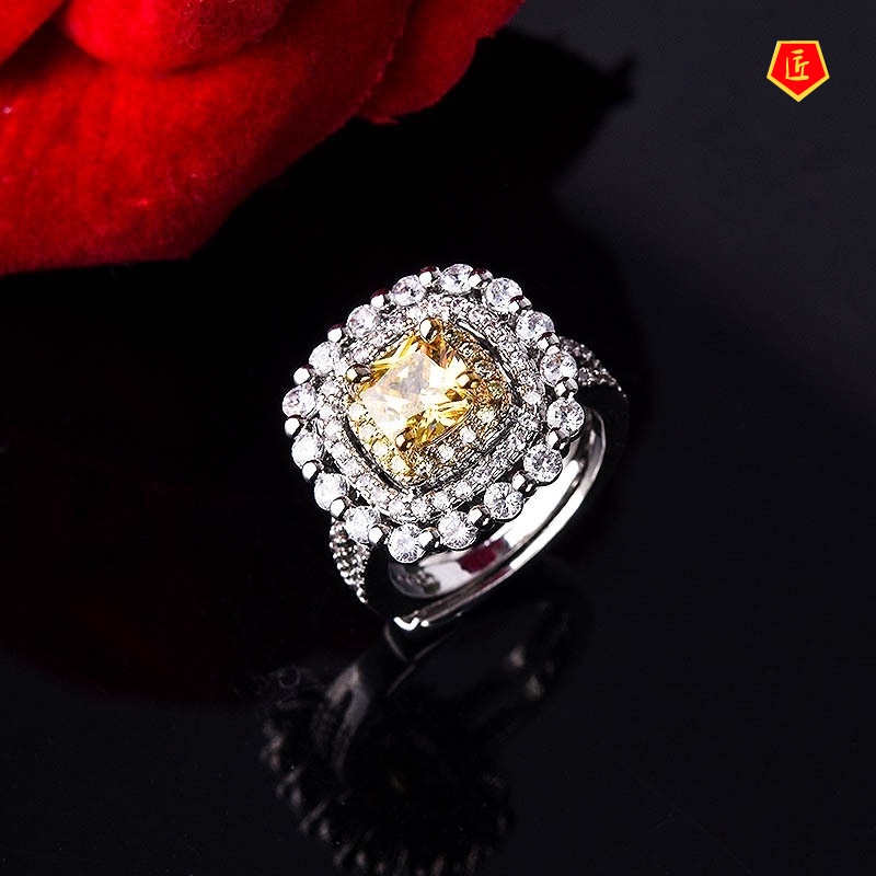 [Ready Stock]Pt950 Luxury Bead Edge Yellow Diamond Open Ring for Women