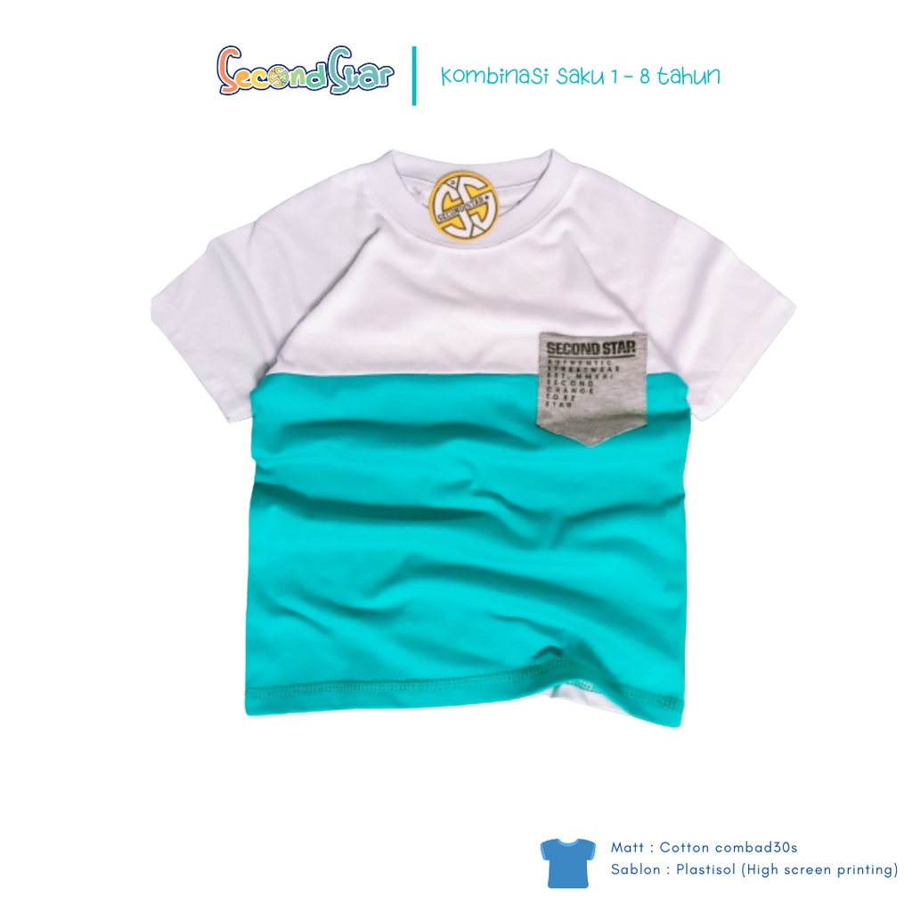 Secondstar baju anak laki laki perempuan unisex Kaos oblong kombinasi saku warna putih tosca1-8 tahun