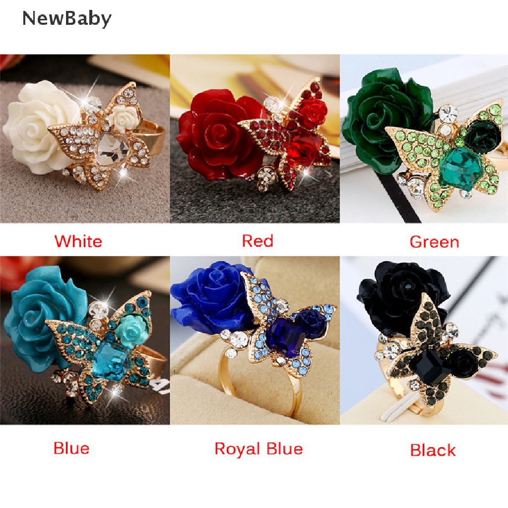 Newbaby Cincin Wanita Desain Kupukupu Mawar Hias Kristalberlian Imitasi Adjustable Untuk Pertunangan