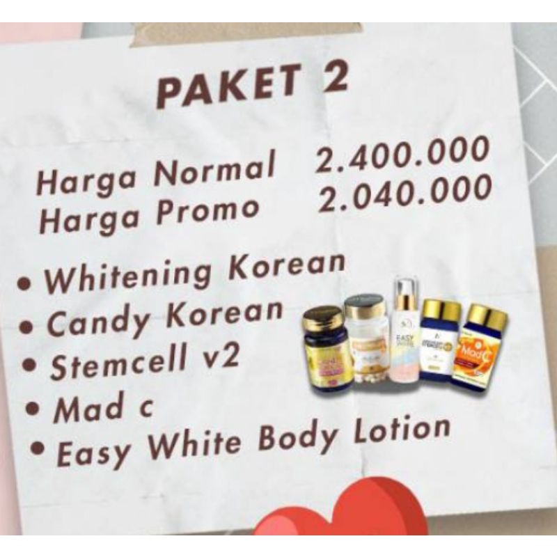 Promo Paket Whitening Korean, Candy Korean, Stemcell v2 & Easy White Body Lotion paket terbaik