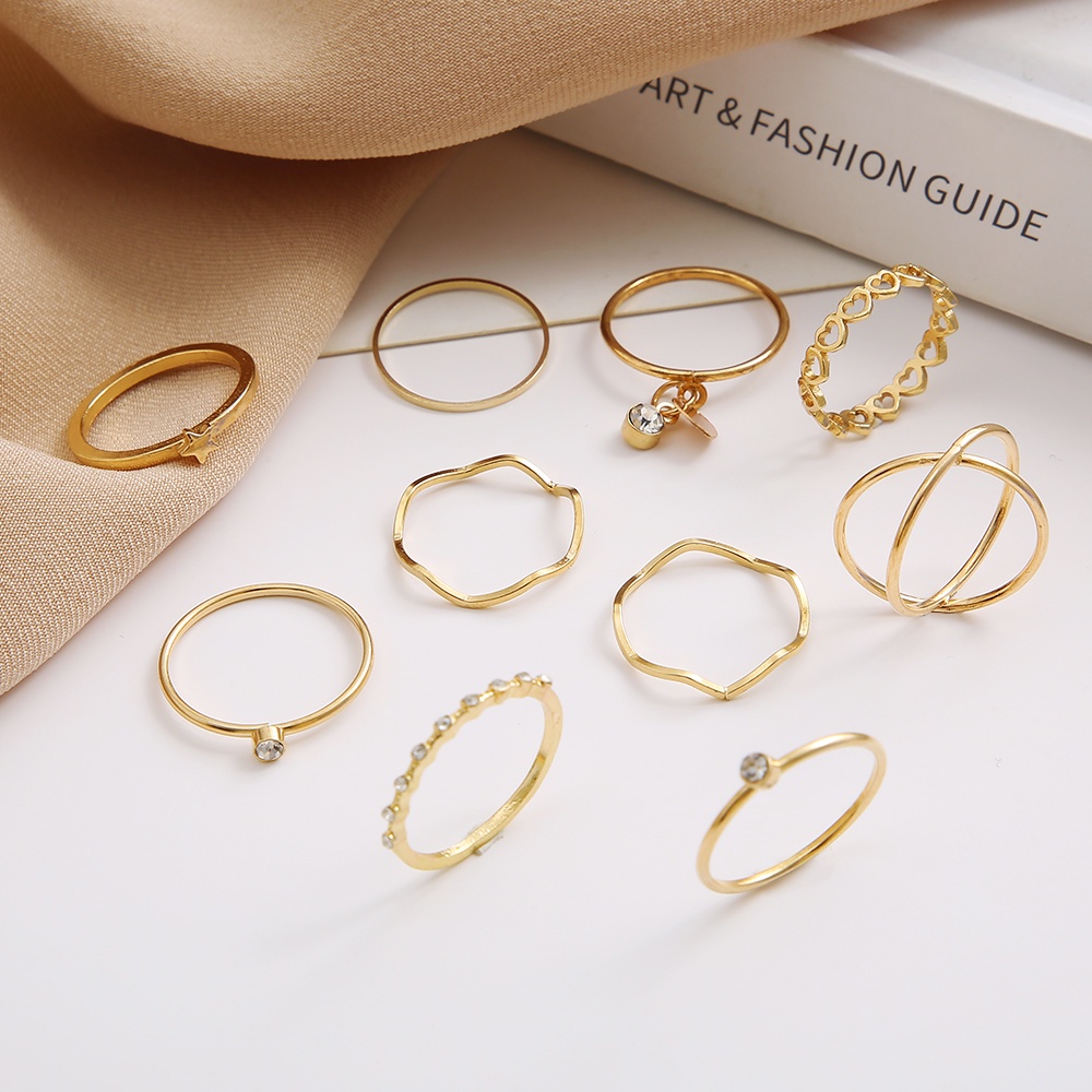 YEEZII 10pcs / Set Cincin Model Terbuka Adjustable Liontin Hati Asimetris Hias Berlian Gaya Retro Untuk Wanita