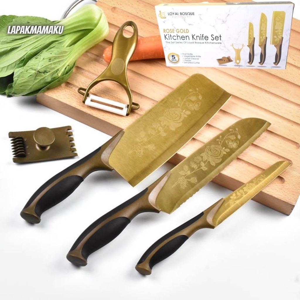 Set Pisau Dapur Lengkap Dengan Pisau Dan Peeler 5in1 Gold