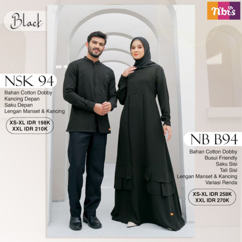 Nibras Couple Gamis NB B94 dan Koko NSK 94 Warna Hitam Putih Polos Bahan Cotton Dobby by NBRS