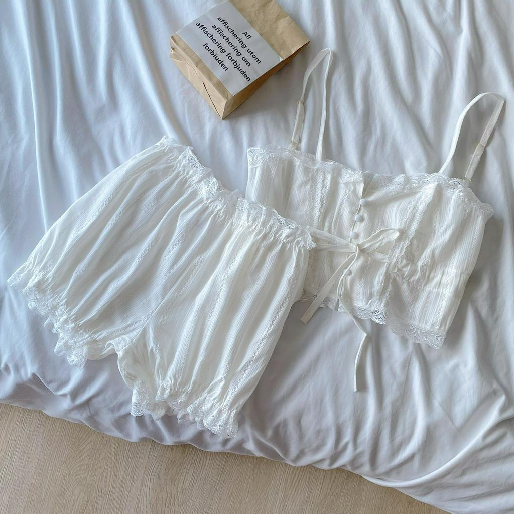 Baju Tidur Sweet Import Putih French Cute Celana Pendek Lucu Perancis MY22