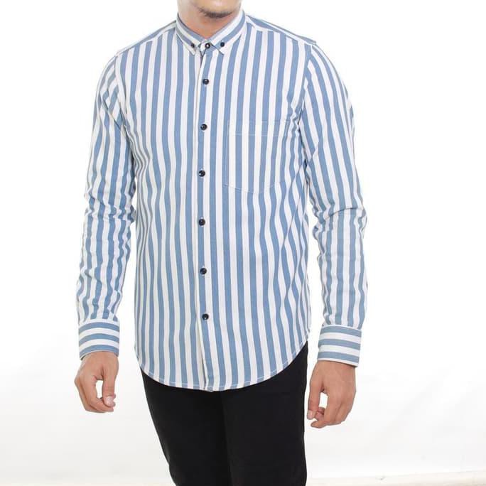 Ready Stok kemeja pria,,, kemeja casual pria lengan panjang garis-garis terbaru - biru-putih 328