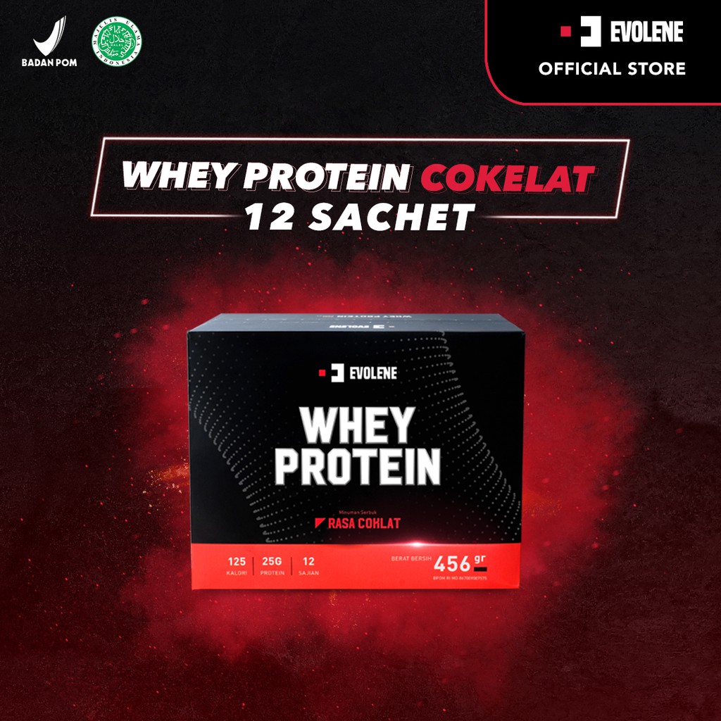 Whey Protein Coklat 456gr/12 Sachet - Suplemen fitness pembentuk Otot - Defisit kalori - Susu Protein - Suplemen Fitness - Minuman Protein - Suplemen Workout Evolene Evoline Evolen