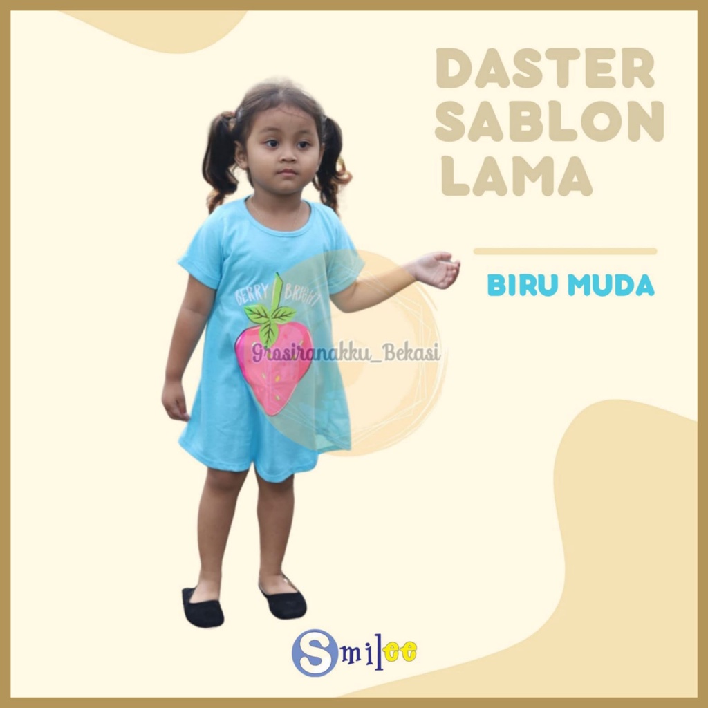 Daster Anak Smile Sablon Motif Biru Muda Berry Size 1-5Tahun