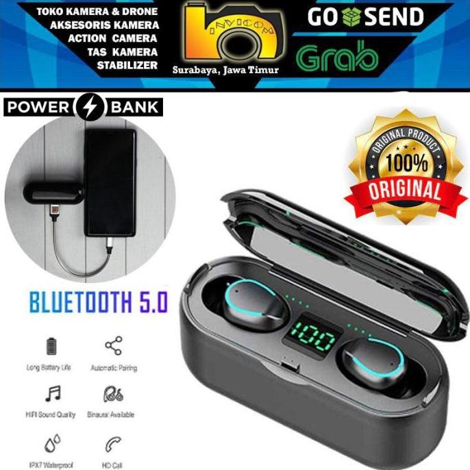 ORDER-KIRIM Earphone TWS F9 Original Wireless Bluetooth plus Powerbank