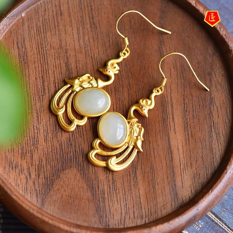 [Ready Stock]Retro Chinese Style Natural Jade Gold Phoenix Earrings