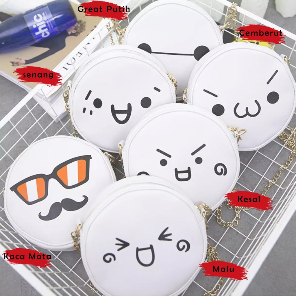 Tas Emoji Gaya Korea Kartun Mini Putih/Tas Bahu Rantai Cantik