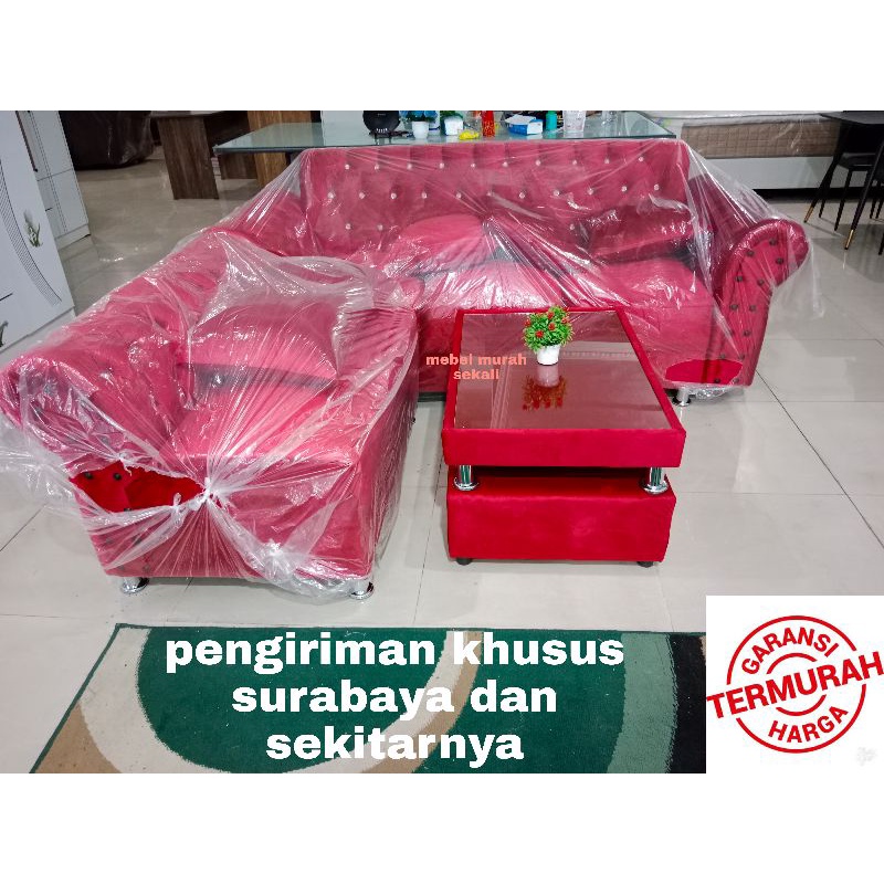 (PROMO) Sofa L sudut Jaguar bludru merah/ Sofa minimalis / sofa sudut L + Meja