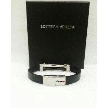 Premium Bracelet Gelang Kulit Bottega Veneta BV 80 Strip Silver Hitam Stainless Steel Import   Box