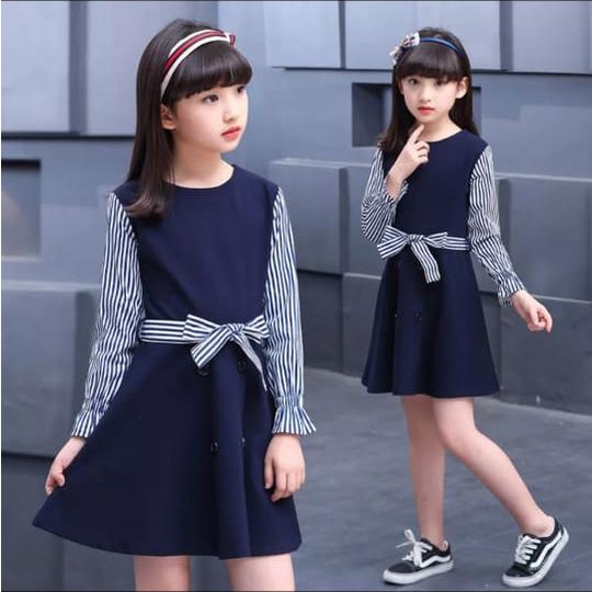 INV - DRESS ANAK KOREA ALESA / COMBI SALUR / FREE BELT / NAVY/UMUR 7-9 TAHUN/CB