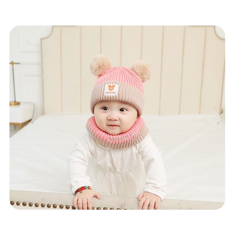 Topi kupluk bayi beanie anak scarf penghangat leher import bearly set hangat newborn warm knit rajut