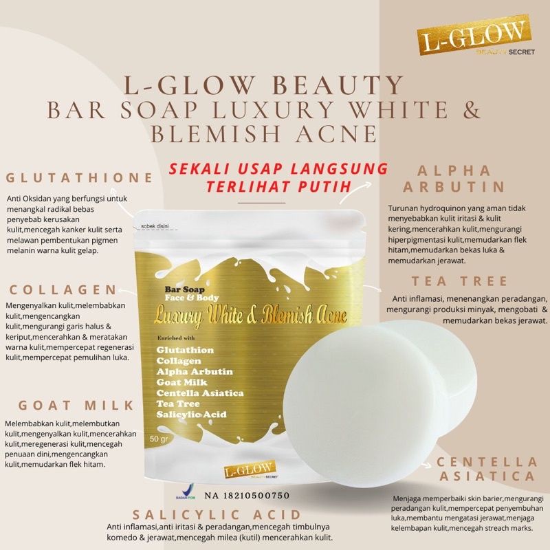 LGLOW BEAUTY BAR SOAP LUXURY WHITE BLEMISH ACNE AHA SABUN PEMUTIH BY L GLOW REFLISKIN