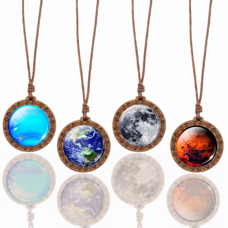 2022 Kalung Liontin Planet / Bulan / Tata Surya Bahan Kayu Untuk Hadiah