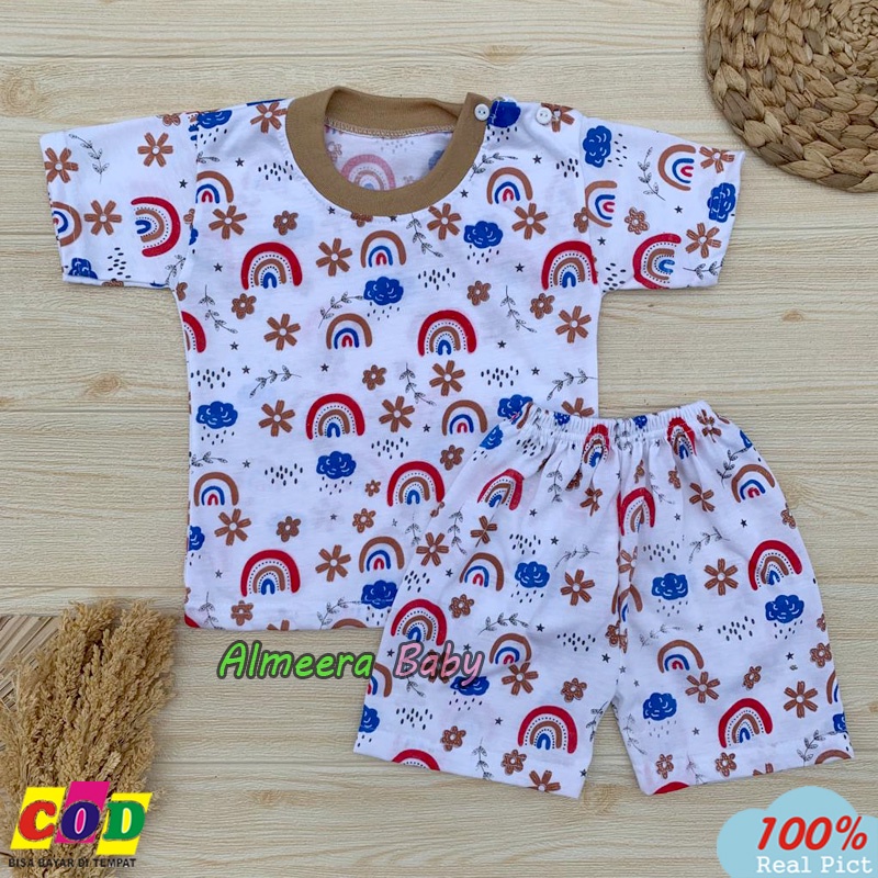 Setelan Baju Bayi Setelan Piyama Bayi Lengan Pendek Kancing Bahu Motif Pelangi Usia 3-12 Bulan Almeera Baby And Kids