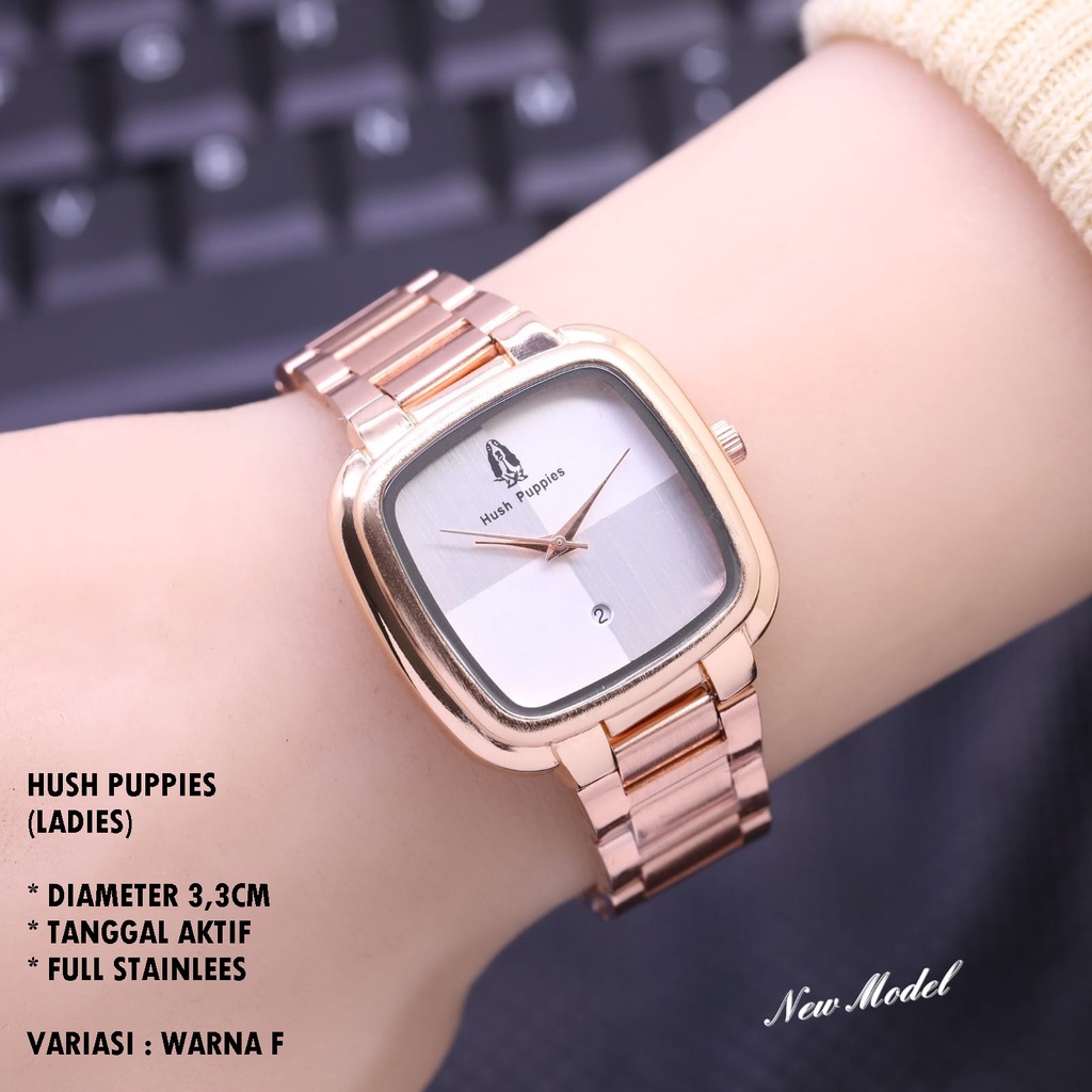 (BISA COD) JAM TANGAN WANITA HUSH PUPPIES H-006 RANTAI BODY SEGI TANGGAL AKTIF