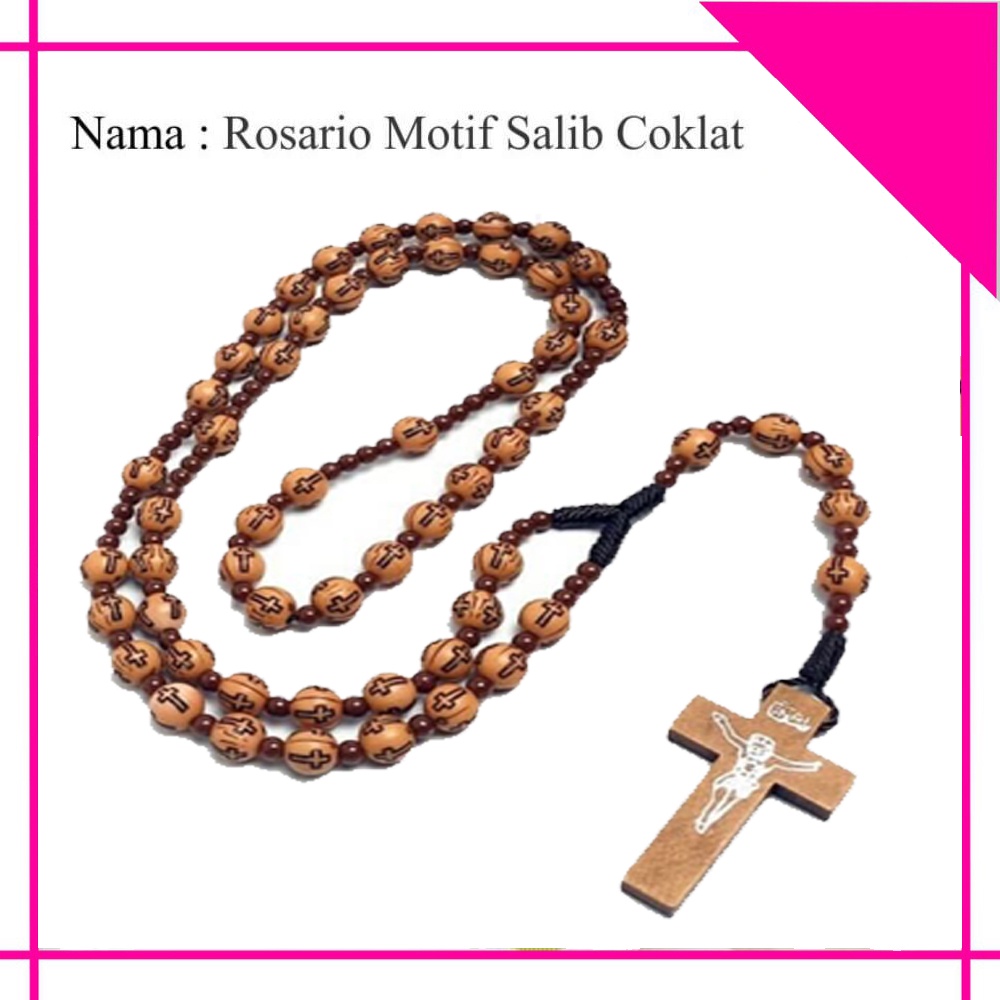 Kalung Rosario Merah Putih / Rosario Motif Salib Coklat / Rosario Akrilik Motif Mawar