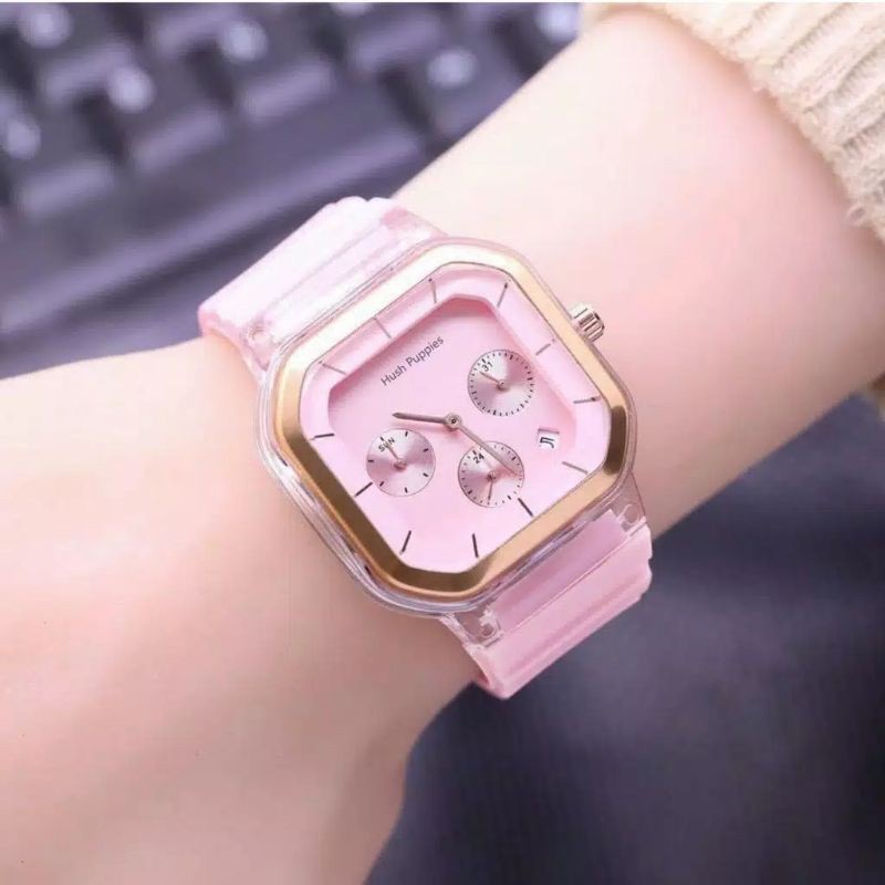 Jam Tangan Wanita Cewek Hush Puppies Segi Strap Rubber Tanggal Aktif