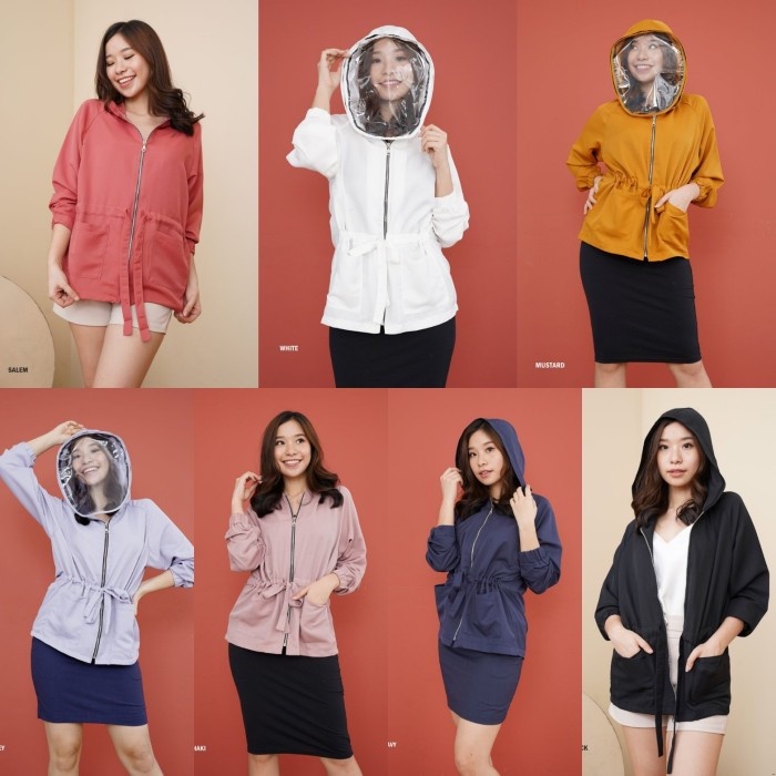 JAKET ANTI CORONA VIRUS WANITA HOODIE FACESHIELD PELINDUNG WAJAH APD - mustard