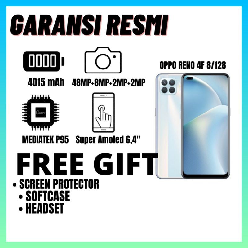 OPPO RENO 4F 8/128 GARANSI RESMI INDONESIA,MEDIATEK HELIO P95 ,4015 mAh,HP SUPER RINGAN,FREE GIFT