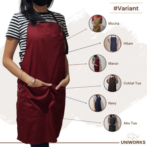 UNIWORKS Apron Barista Seri V01M03 Bahan American Drill Kombinasi 6 Warna Panjang 100cm