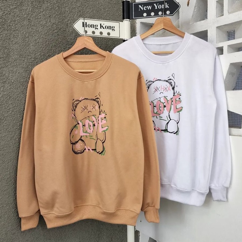 Sweater Wanita Korean Style Bear Love Bahan Pleece Terbaru