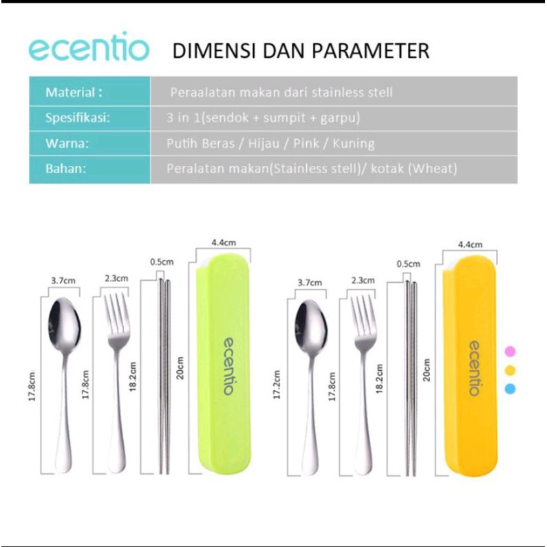 Ecentio Stainless Steel Set 3Pcs Alat Makan Sendok Garpu Sumpit / Spoon Fork Chopsticks alat makan set lengkap dengan wadah penyimpanan