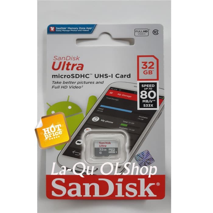Micro SD 32 GB Class 10 Speed 80 MBPS , Memori MicroSD 32GB Sandisk