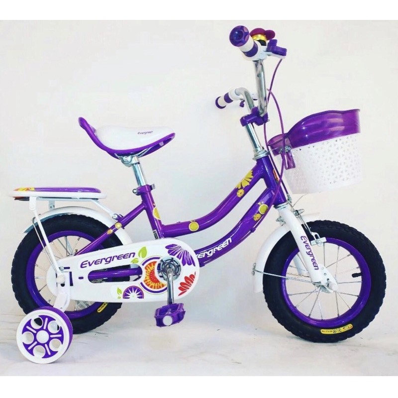 Khusus Gojek Instan Sepeda Anak Perempuan  cewek wanita Evergreen Daisy 12 16 18 inch Ungu Pink termurah  SNI Penguin COD kredit cewek BMX mini Ban hidup pompa karet bukan plastik eva terbaik gratis service seumur hidup keranjang boncengan ungu pink SNi-Daisy Ungu