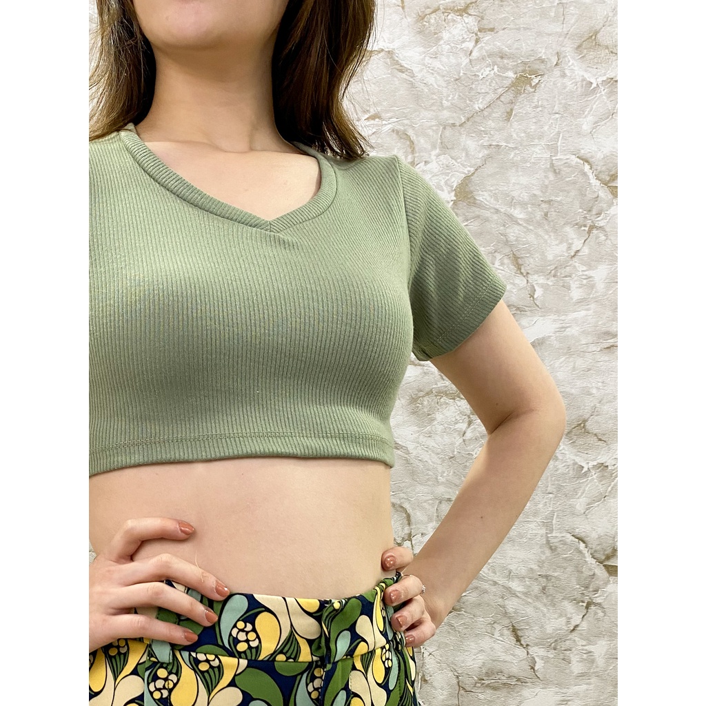 MODAVIE - AUDREY Crop Top Korea Knit Crop Tee Basic Kaos Wanita Polos V-Neck