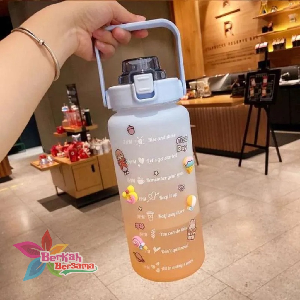 RT61 botol minum tumbler korea warna gradasi pelangi penanda waktu ukuran besar 2 liter 2000ml 2l BB6205