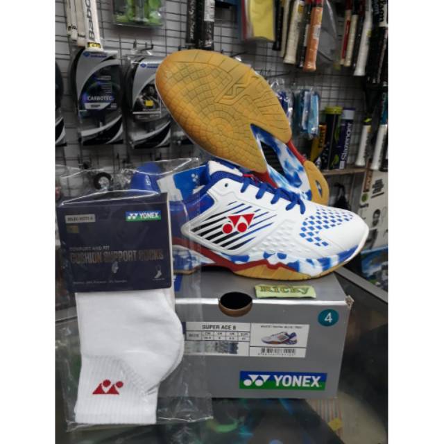SEPATU BADMINTON YONEX SUPER ACE 8 - WHITE/R.BLEU/R - BONUS KAOS KAKI YONEX SSLEC-10777-S - ORIGINAL