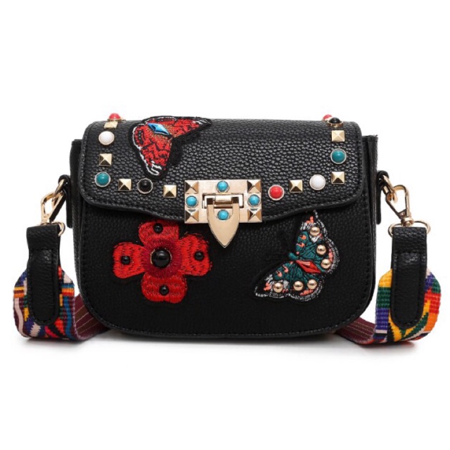 Tas Selempang wanita kulit sintetis Flower Embroidery mini Slingbag PU Import bordir bunga strap kanvas